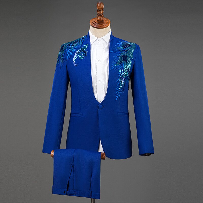 Gold Embroidery Suit Men Stand Collar Diamond Mens Blazer with Pants Wedding Groom Tuxedo Suits Stage Singer Party Costume Homme
