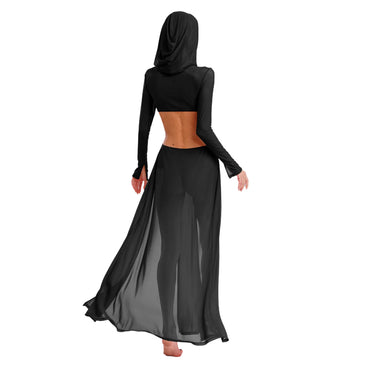 Women Sheer Dress with Hooded Face Mask Maxi High Slit Sexy Mesh Dress Long Sleeves Hollow Out Sheer Dress Cover Up Swimwear