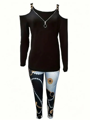 Plus Size 1XL-5XL Women Off-Shoulder Zip-Up Long Sleeve T-Shirt & Printed Tight Pants Ladies Casual T-Shirt & Pants Outfit