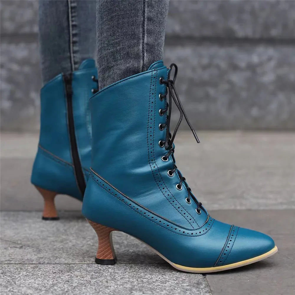 2025 New Lace Up Ladies High Heel Shoes Strange Steampunk Boot Victorian Ankle Boots Women Pointed Toe Thick Soled Short Boots