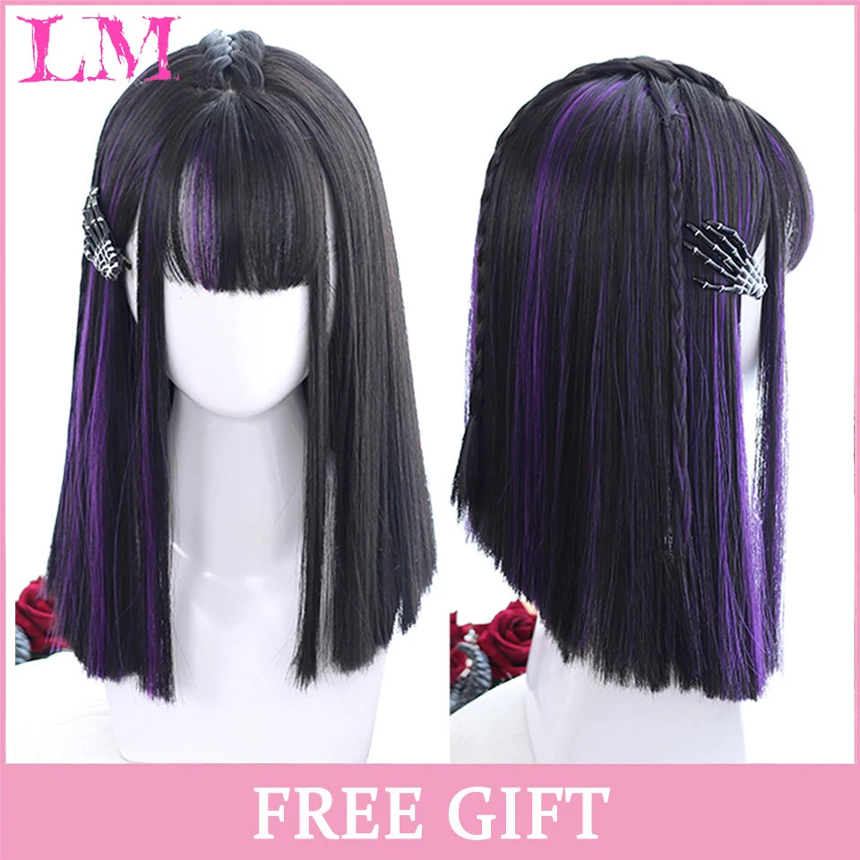 LM Synthetic Black Wig with Long Ponytail Short Straight Wig Lolita Cosplay Party Harajuku Blonde Wig With Bangs for Women