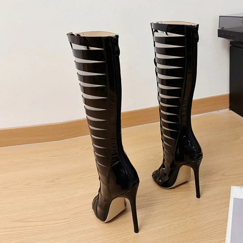 Liyke Fashion Hollow Out Cross Strap Knee High Boots Sandals Women Zip Sexy Peep Toe Stripper Heels Shoes Female Long Booties