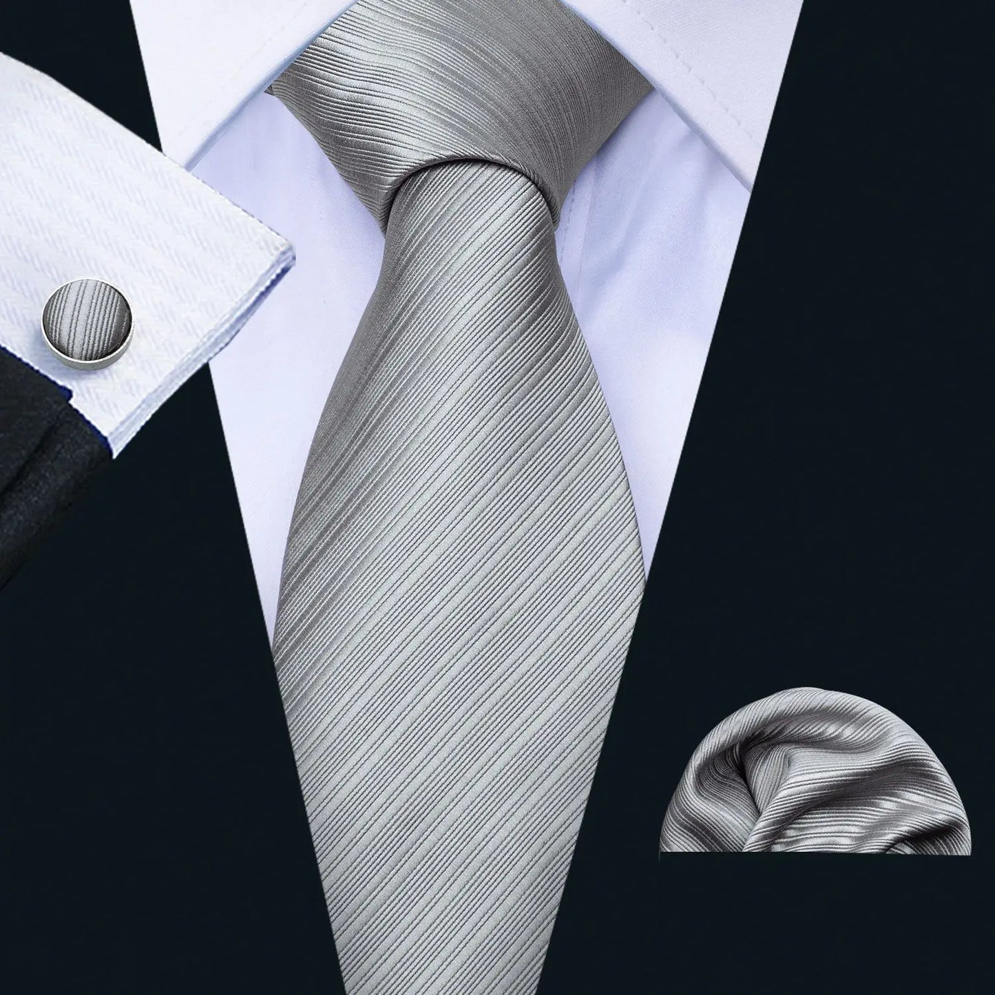 Barry.Wang Black White Gray Silver Men Tie Handkerchief Cufflinks Set Jacquard Necktie for Male Wedding Business Party Gift