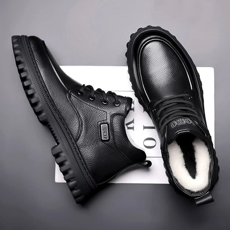 2025 Winter Shoes Mens Snow Boots Warm Plush Cold Winter Fashion Brand Male Footwear Non-slip Flat Ankle Boots Black D591