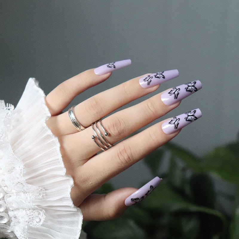 24pcs Strawberry Girl Long Ballet False Nails Art Removable Acrylic Press On Nail Tips