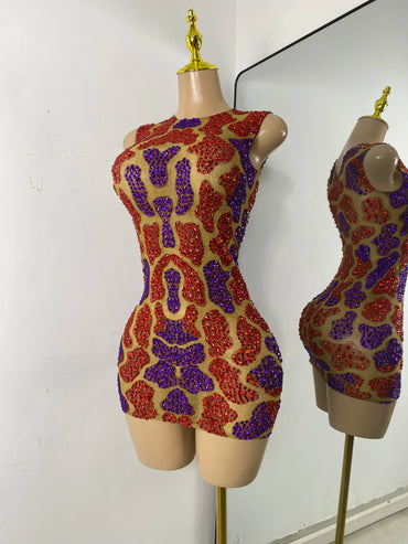 Sparkly Rhinestones Women Sexy Sleeveless Mesh See Through Mini Bodycon Birthday Dress Party Stage Wear Performance Costume