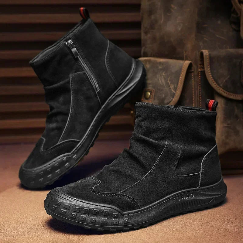 Men's Boots High Cut Workwear Shoes Autumn New Zipper Pleated Non Slip Comfort Thick Soled Wear-resistant Fashion Flat Boots