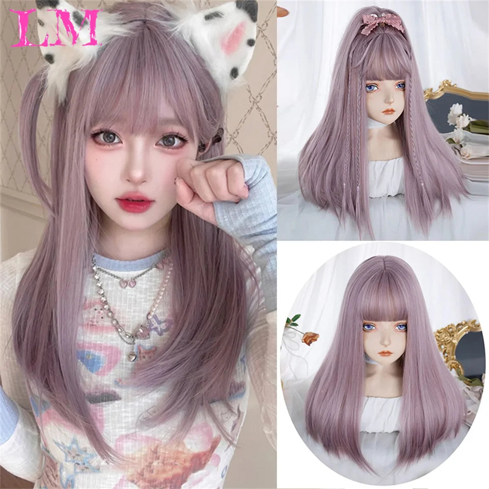 LM Synthetic Black Wig with Long Ponytail Short Straight Wig Lolita Cosplay Party Harajuku Blonde Wig With Bangs for Women