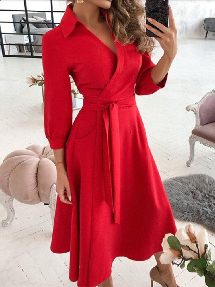 Dresses for Women 2023 Sexy Robe Mid Length Fashion Print Polo Neck Small Style Lace Up Waist Dress Long Summer Dresses Ladies