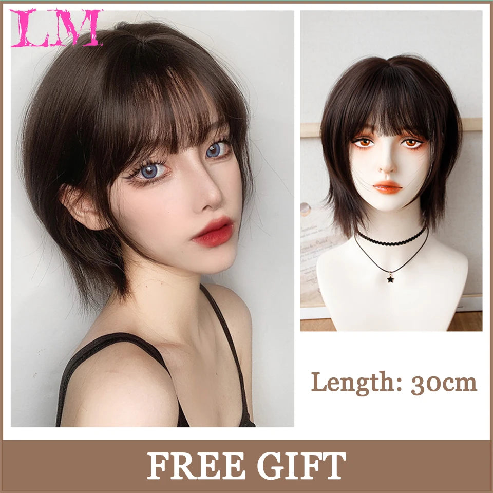 LM Synthetic Black Wig with Long Ponytail Short Straight Wig Lolita Cosplay Party Harajuku Blonde Wig With Bangs for Women