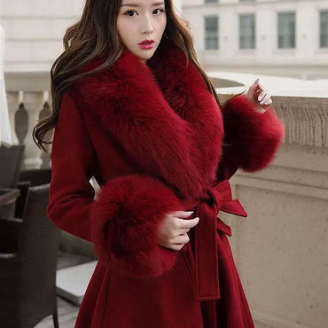Winter 2025 Woolen Coat For Women Mid-Length Tie Slimming Fashionable Elegant Evening Dress Artificial Fur Collar Coats Female