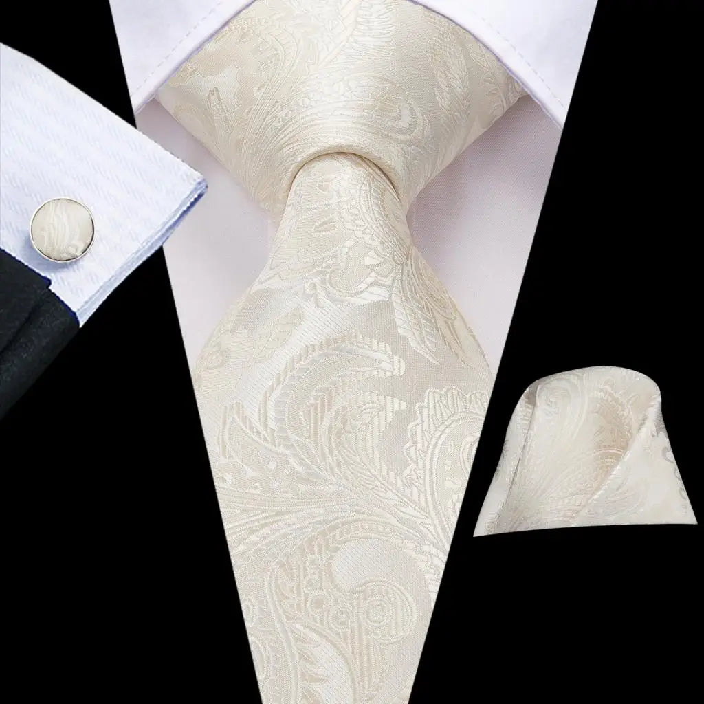 Hi-Tie Champagne Floral Paisley Silk Elegant Tie For Men Groom Wedding Men Necktie Pocket Square Cufflink Accessory Wholesale