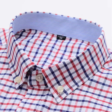 Men's Versatile Casual Checkered Oxford Cotton Shirts Single Pocket Long Sleeve Standard-fit Button Down Gingham Striped 7XL 6XL