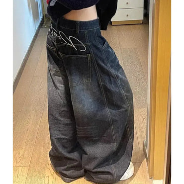 New Womens Jeans High Waist Vintage Design Hip Hop Straight Baggy Denim Pants Street Y2K American Style Wide Leg Denim Trouser