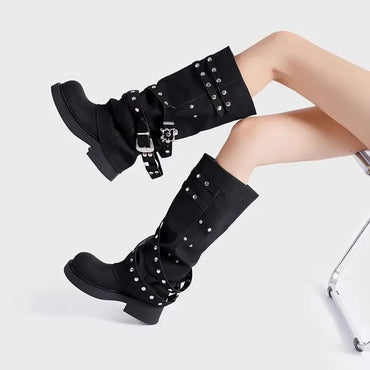 Women Boots Platform Trouser Legs High Boots Trend Punk Gothic Shoes New Rock Leather Fashion Women's Shoes Motorcycle Footwear