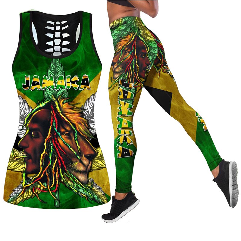 Women's Fashion Summer 3D Jamaica Combo Outfit Print Sleeveless Tank Top and Leggings