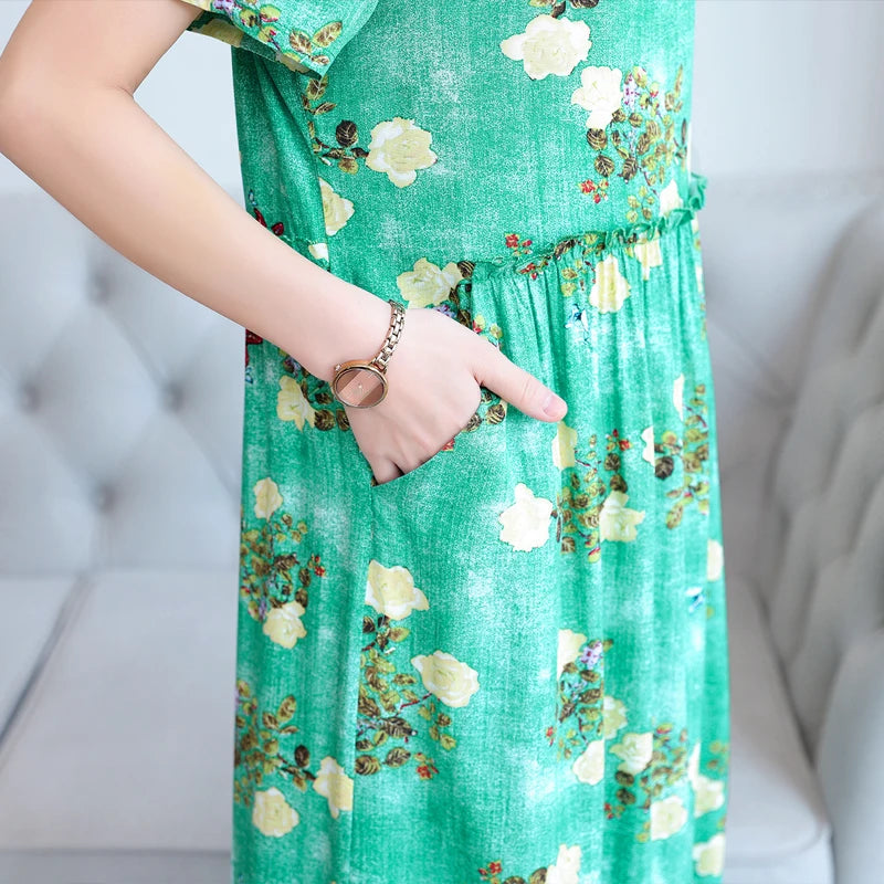 New 2023 Women Summer Dresses Vintage Plus Size Causal O-neck Short Sleeve Floral Vestido Elegant Print Dress