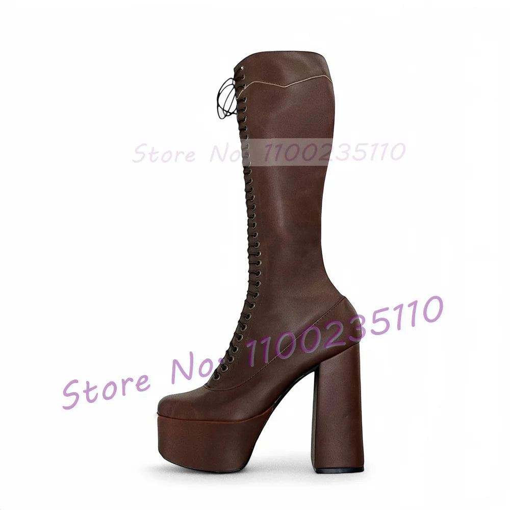 Earthy Brown Platform Knee High Boots Women Splicing Leather Cross Tied High Block Heels Round Toe Halloween Party Tall Boots