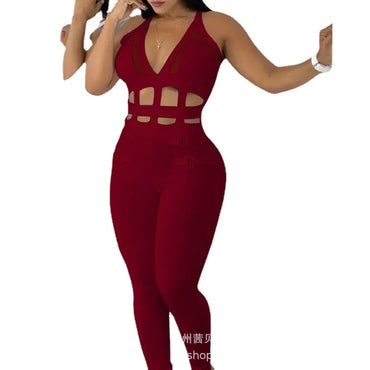 Women Sleeveless Hollow Out Overall Pants Jumpsuit High Waist Solid Color Sexy Slim Fashion Pants Slim