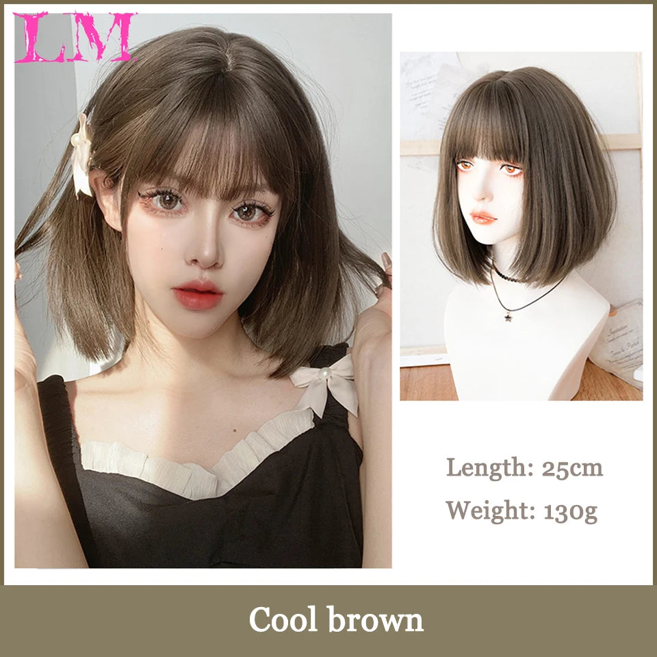 LM Synthetic Black Wig with Long Ponytail Short Straight Wig Lolita Cosplay Party Harajuku Blonde Wig With Bangs for Women