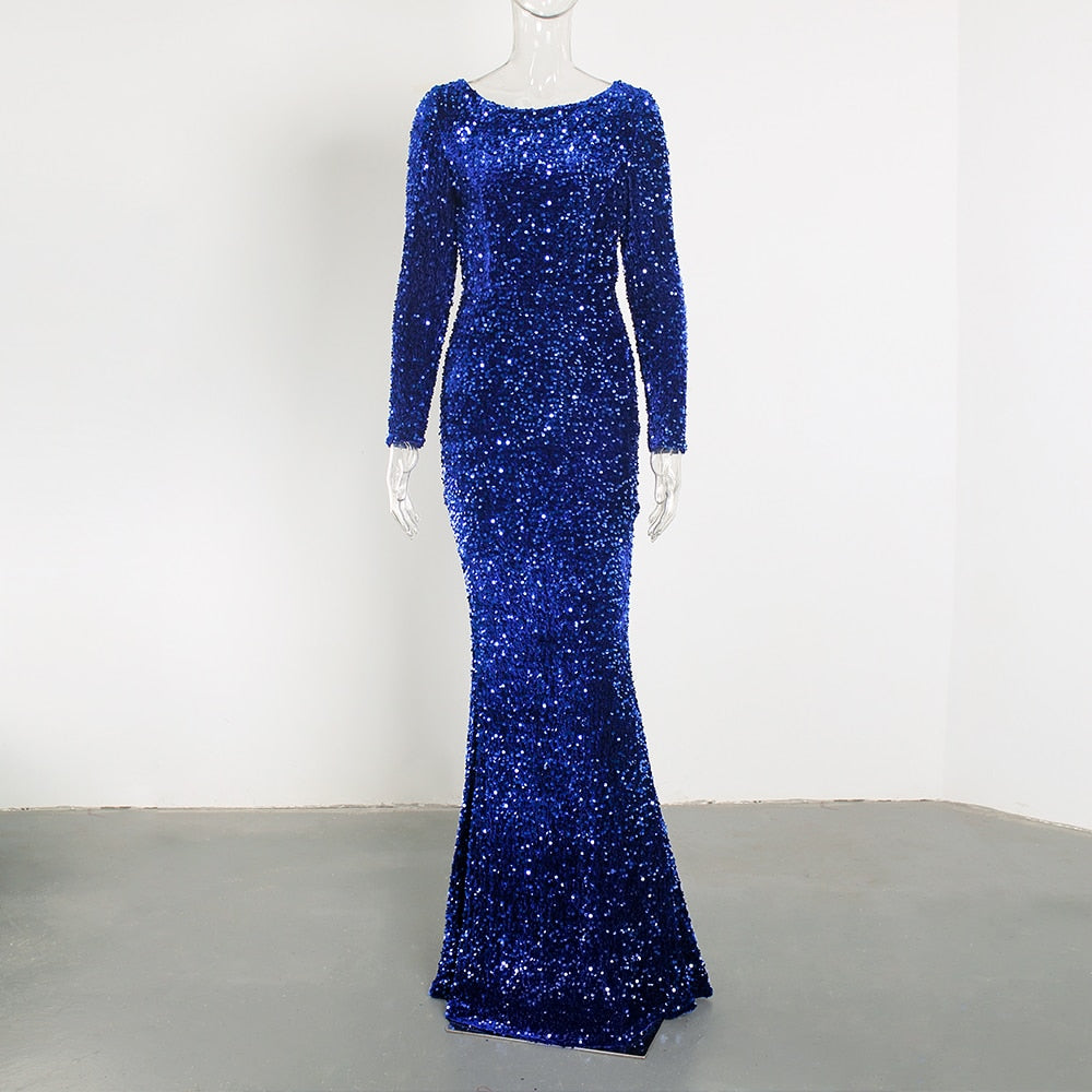 Kisscc Royal Blue Stretch Sequin Floor Length Evening Night Dress Full Sleeve Bodycon Black Mermaid Party Dress