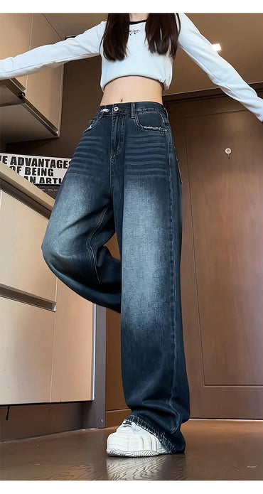 Jeans women's loose straight spring and autumn 2025 new large size American casual retro all-match wide-leg trousers trend