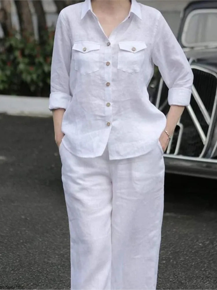 Women Elegant Lapel Neck Long Sleeve Shirt Pants Sets 2PCS Fashion Autumn Outifits Solid Work Trousers Suits Tracksuit