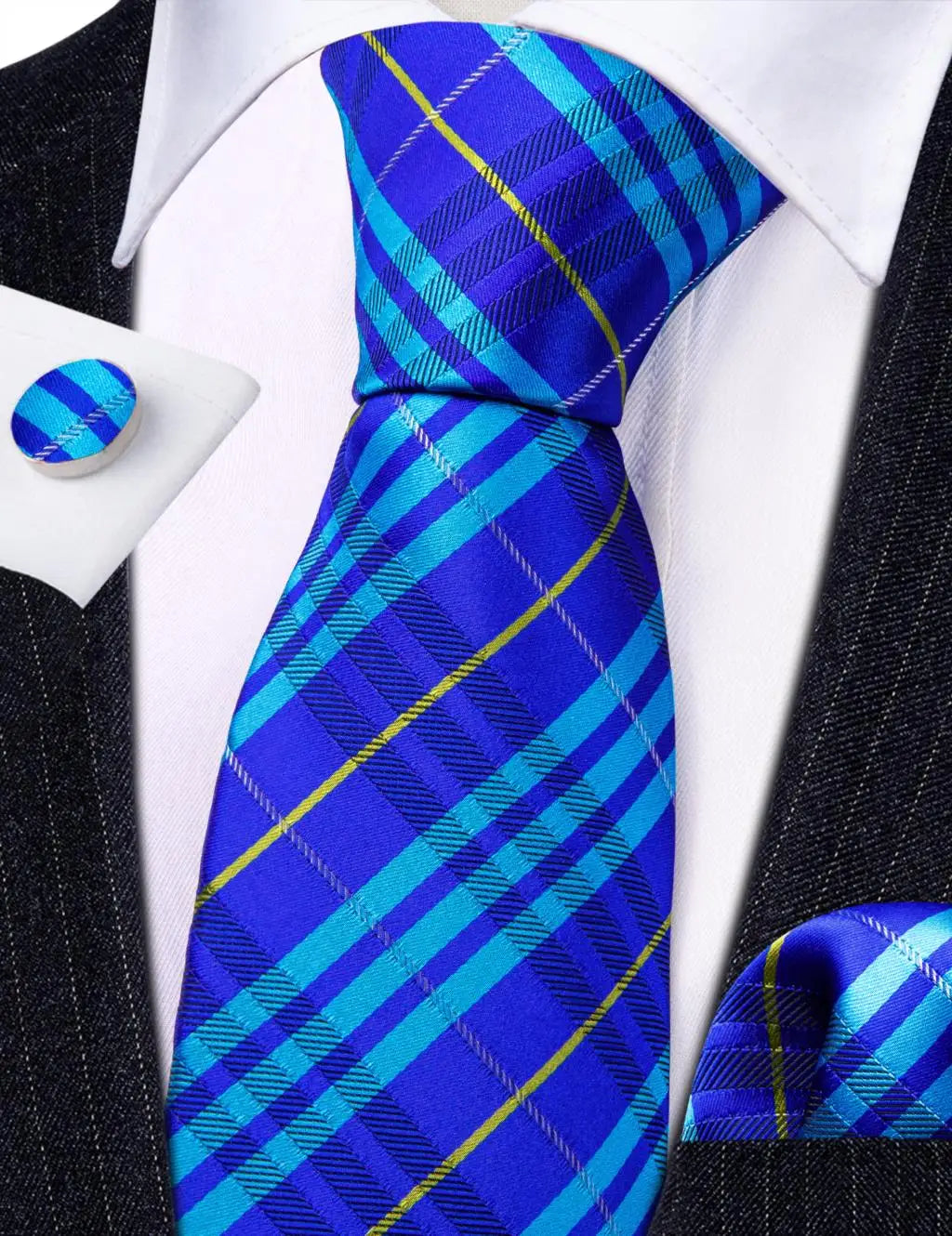 Barry.Wang Plaid Silk Men Tie Hanky Cufflinks Set Checked Jacquard Necktie for Male Formal Casual Wedding Business Party Events