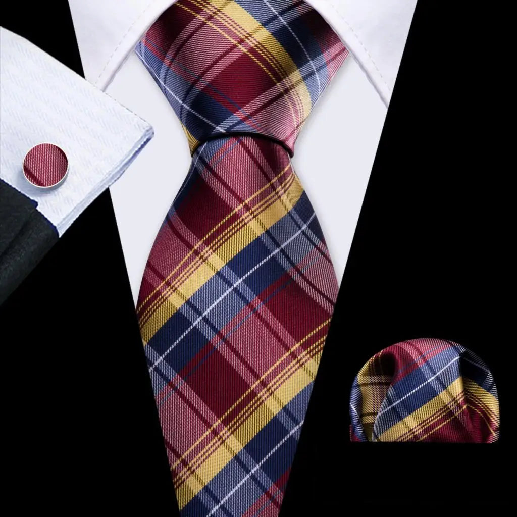 Barry.Wang Plaid Silk Men Tie Hanky Cufflinks Set Checked Jacquard Necktie for Male Formal Casual Wedding Business Party Events