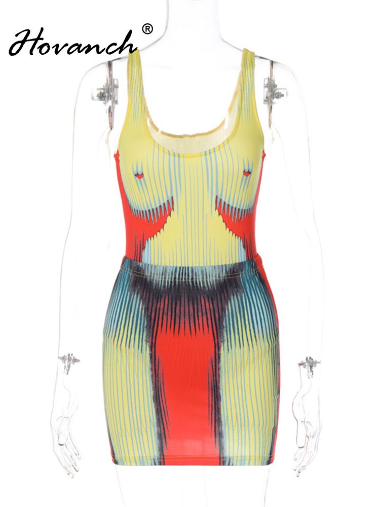 Hovance 3D Printing Two-Piece Women's Sexy Suspender Bodysuit And Mini Tight-Fitting Skirt With 2023 Spring Party Club Clothing