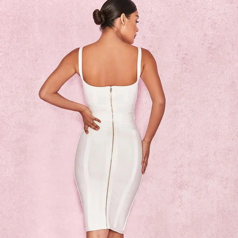 2024 women white summer mid-length dress Sexy Lady Belt Spaghetti Strap Bandage Dress Party Club V Neck Bodycon