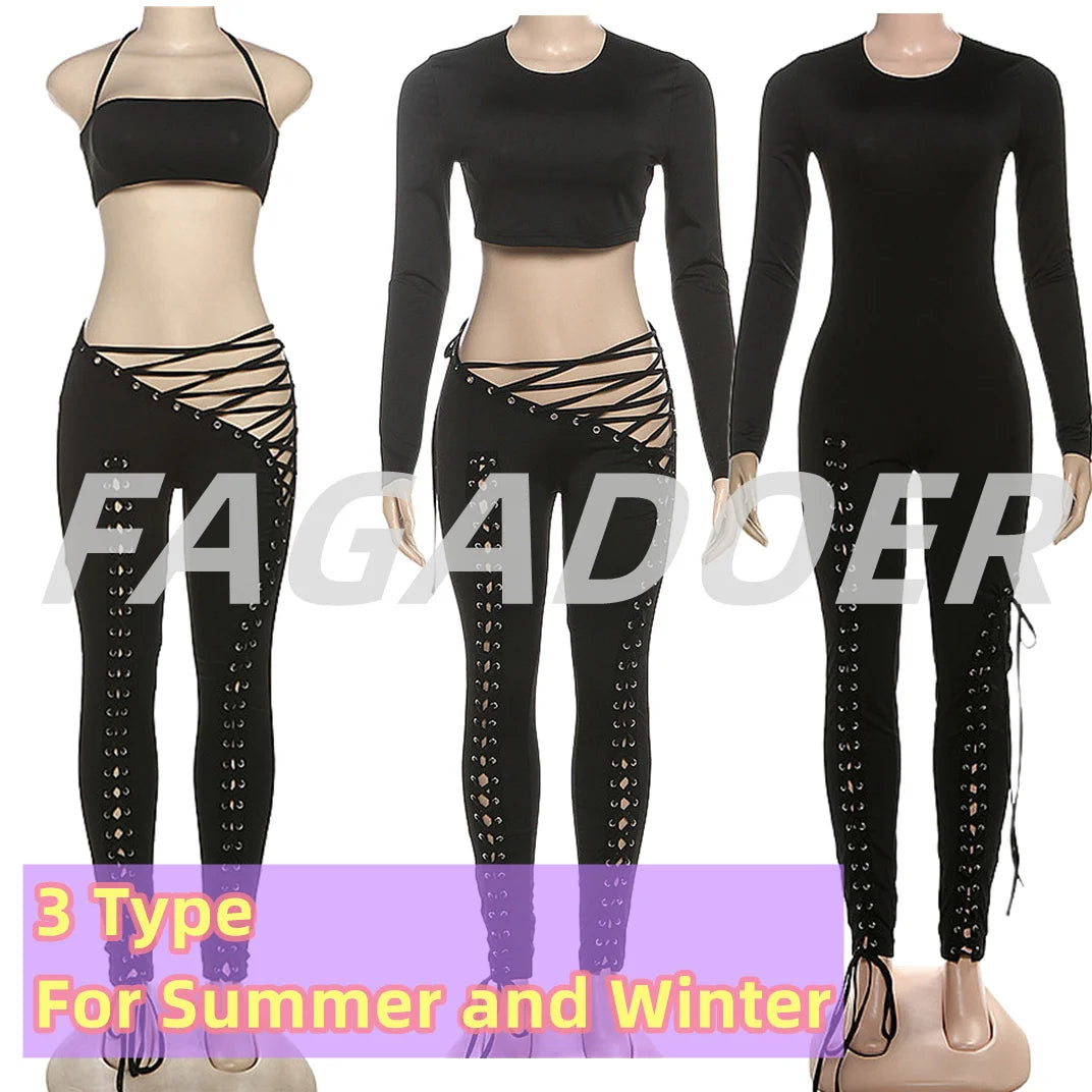 FAGADOER Sexy Bandage Patchwork 2 Piece Sets Woman Outfit Halter Sleeveless Crop Tops and Pants Matching Suit Female Streetwear