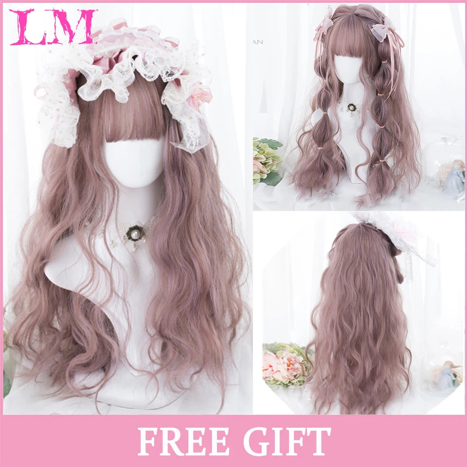 LM Synthetic Black Wig with Long Ponytail Short Straight Wig Lolita Cosplay Party Harajuku Blonde Wig With Bangs for Women