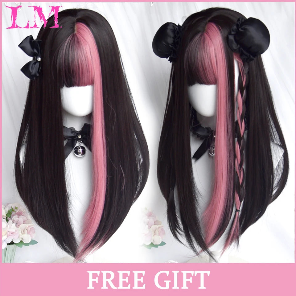 LM Synthetic Black Wig with Long Ponytail Short Straight Wig Lolita Cosplay Party Harajuku Blonde Wig With Bangs for Women