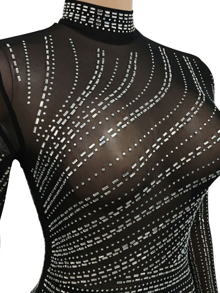 Kricesseen Sexy Black Mesh Crystal Side Slit Irregular Maxi Dress New Women Long Sleeve Bodycon Party Dress Night Clubwear Gowns