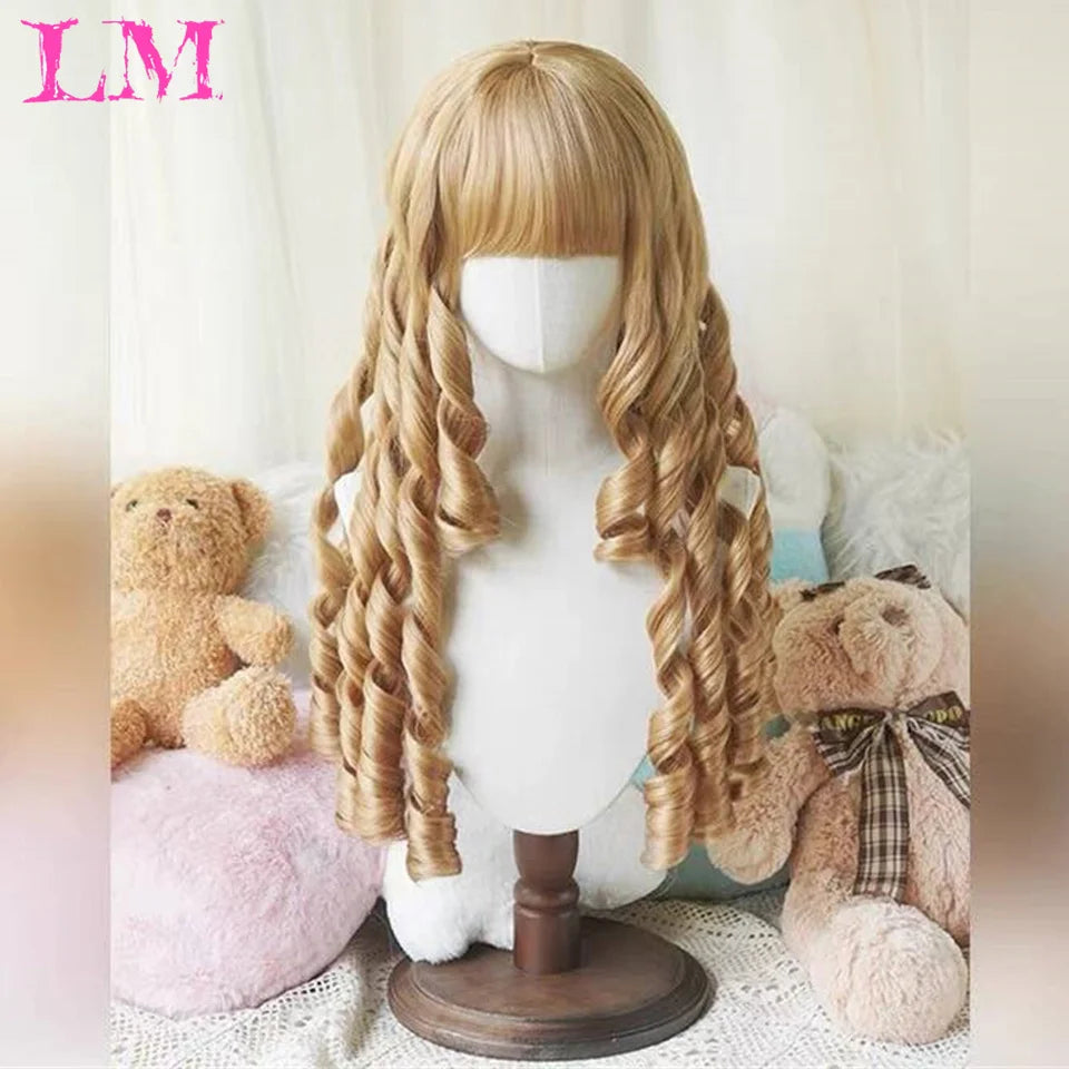LM Synthetic Black Wig with Long Ponytail Short Straight Wig Lolita Cosplay Party Harajuku Blonde Wig With Bangs for Women