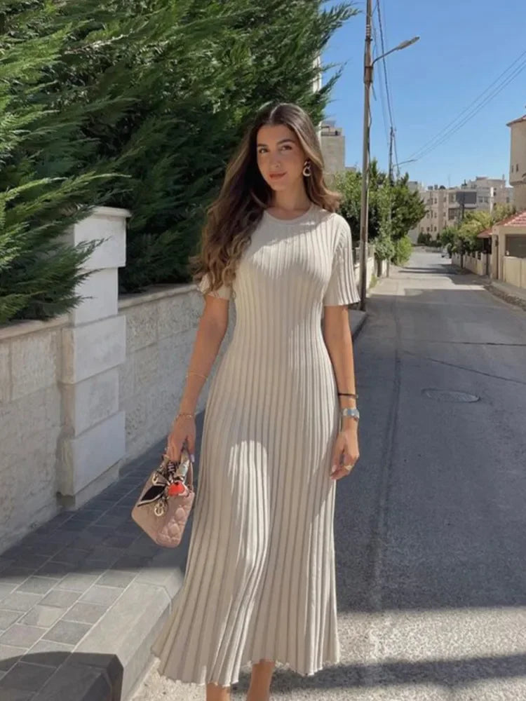 Elegant Solid Ribbed Knitted Maxi Dress Women O-neck Short Sleeve Plea Mega Mart Center Elegant Solid Ribbed Knitted Maxi Dress Women O-neck Short Sleeve Plea Mega Mart Center