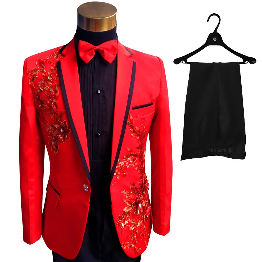 New Embroidered Tuxedos Men, Black Wedding Groom Suit, Male Singer Performance, Party Blazer, Prom Costume, Fashion Paillette