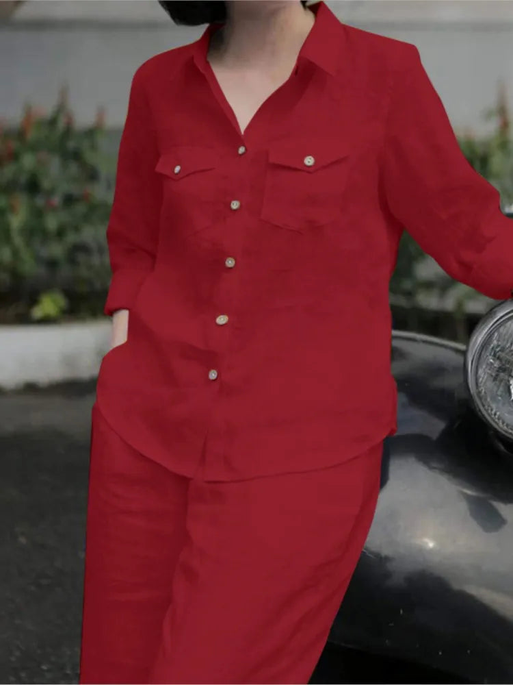 Women Elegant Lapel Neck Long Sleeve Shirt Pants Sets 2PCS Fashion Autumn Outifits Solid Work Trousers Suits Tracksuit