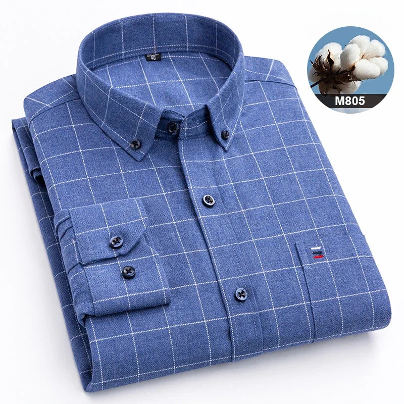 New in shirtplus size 7XL 100%cotton sanding long-sleeve shirts for men slim fit plain shirt striped plaid single pocket clothes