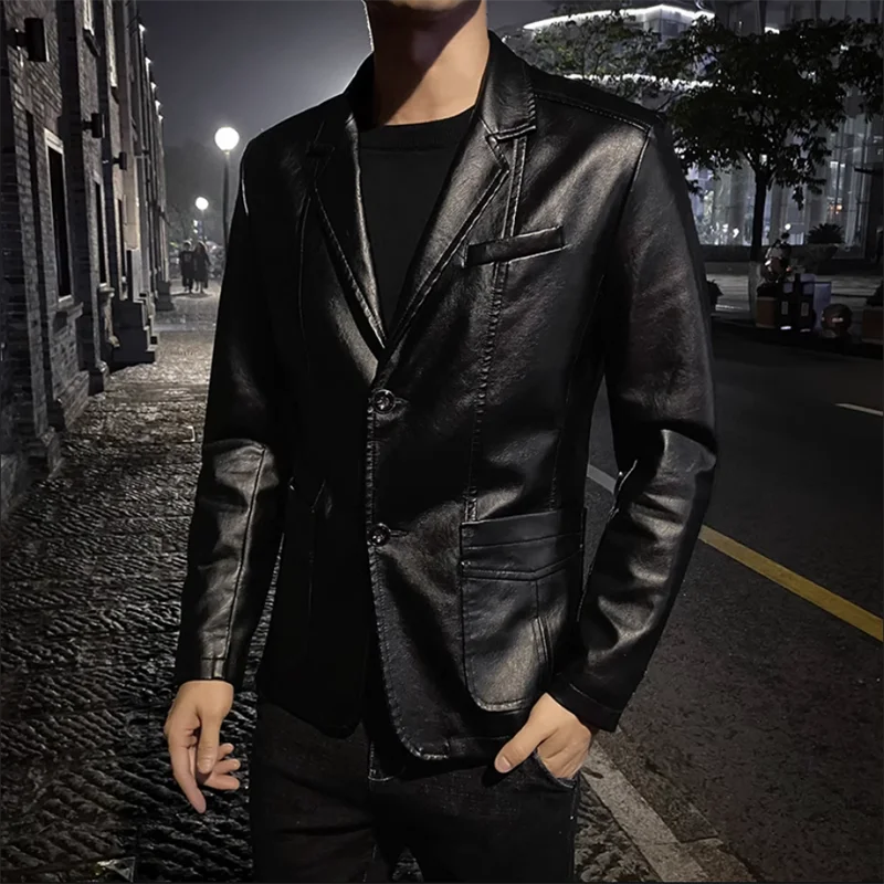 2024 New Men Business Casual Leather Jacket Black / khaki Fashion Male Suit Collar Coats Large Size 5XL Slim Fit Top