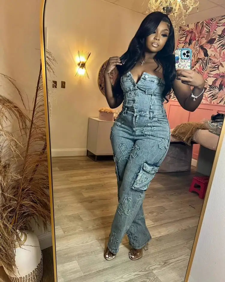 Streetwear Jeans Cargo Jumpsuit Sexy Women Strapless Elegant Wide Leg Denim Straight Romper Overalls