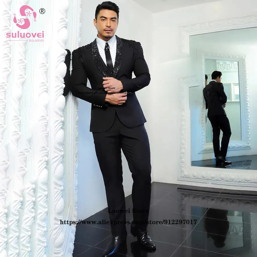 Luxury Shiny Beaded Applique Tuxedo Suits For Men Wedding 3 Piece Pants Set Customized Formal Groom Shawl Lapel Blazer Masculino
