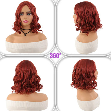Red wig - Women's shoulder-length wig 12 "6.66oz large undulating synthetic mid-curl hair, daily Cosplay music festival