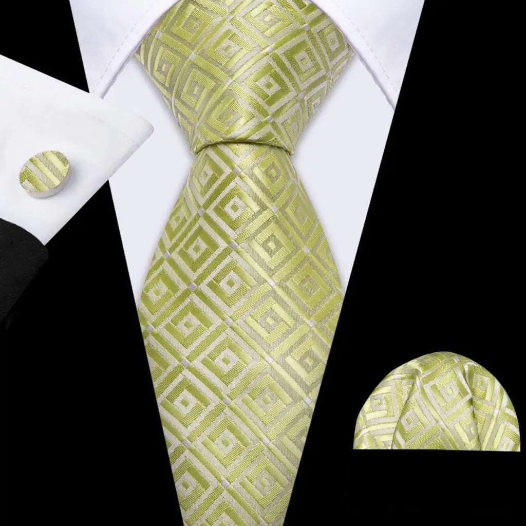 Barry.Wang Plaid Silk Men Tie Hanky Cufflinks Set Checked Jacquard Necktie for Male Formal Casual Wedding Business Party Events