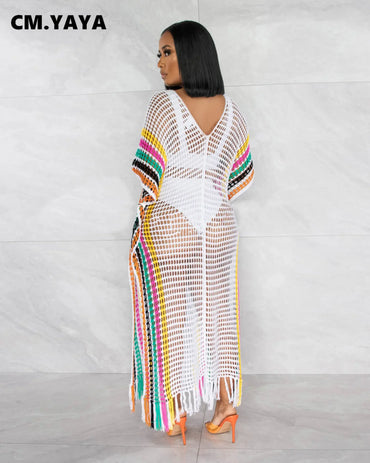 CM.YAYA Vintage Women Striped Crochet Knit Hollow Out V-neck Batwing Sleeve Maxi Long Slim Dress 2023 Sexy Party Evening Dresses
