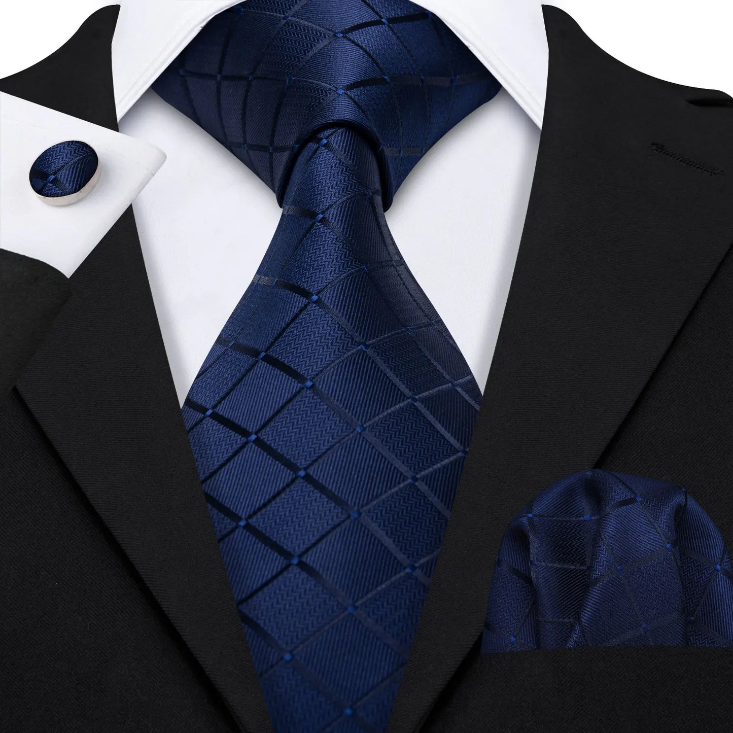 Barry.Wang Plaid Silk Men Tie Hanky Cufflinks Set Checked Jacquard Necktie for Male Formal Casual Wedding Business Party Events
