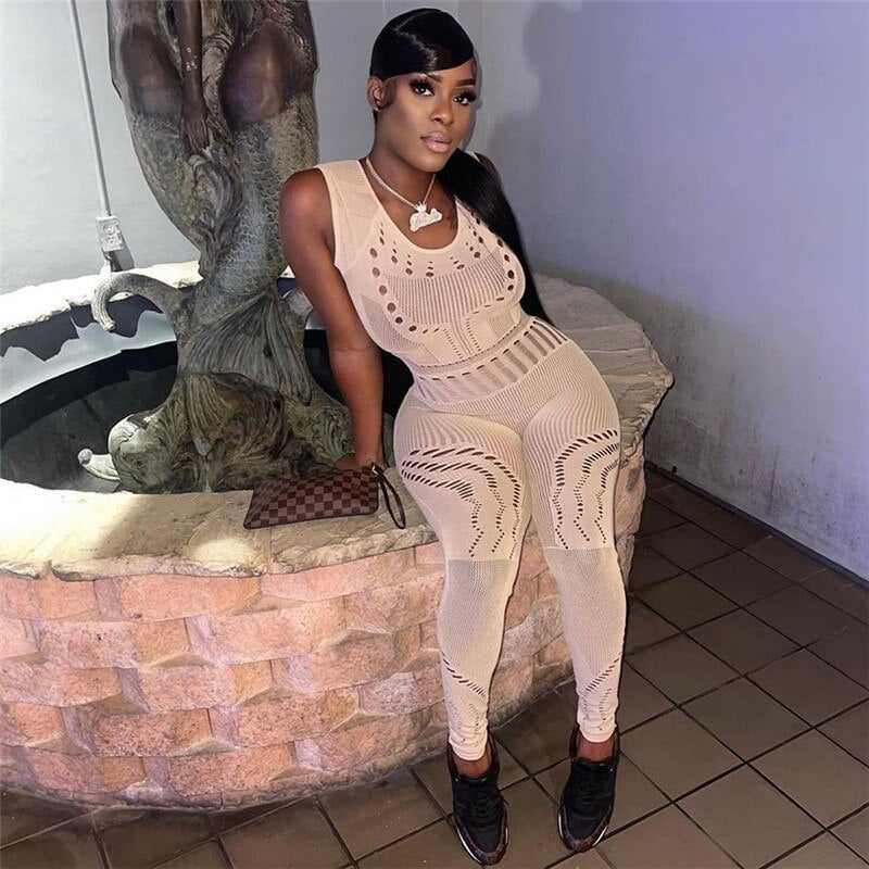 Sexy Adogirl Hollow Out Knitted Mesh Jumpsuits Women Sexy See Through Long Sleeve Overalls