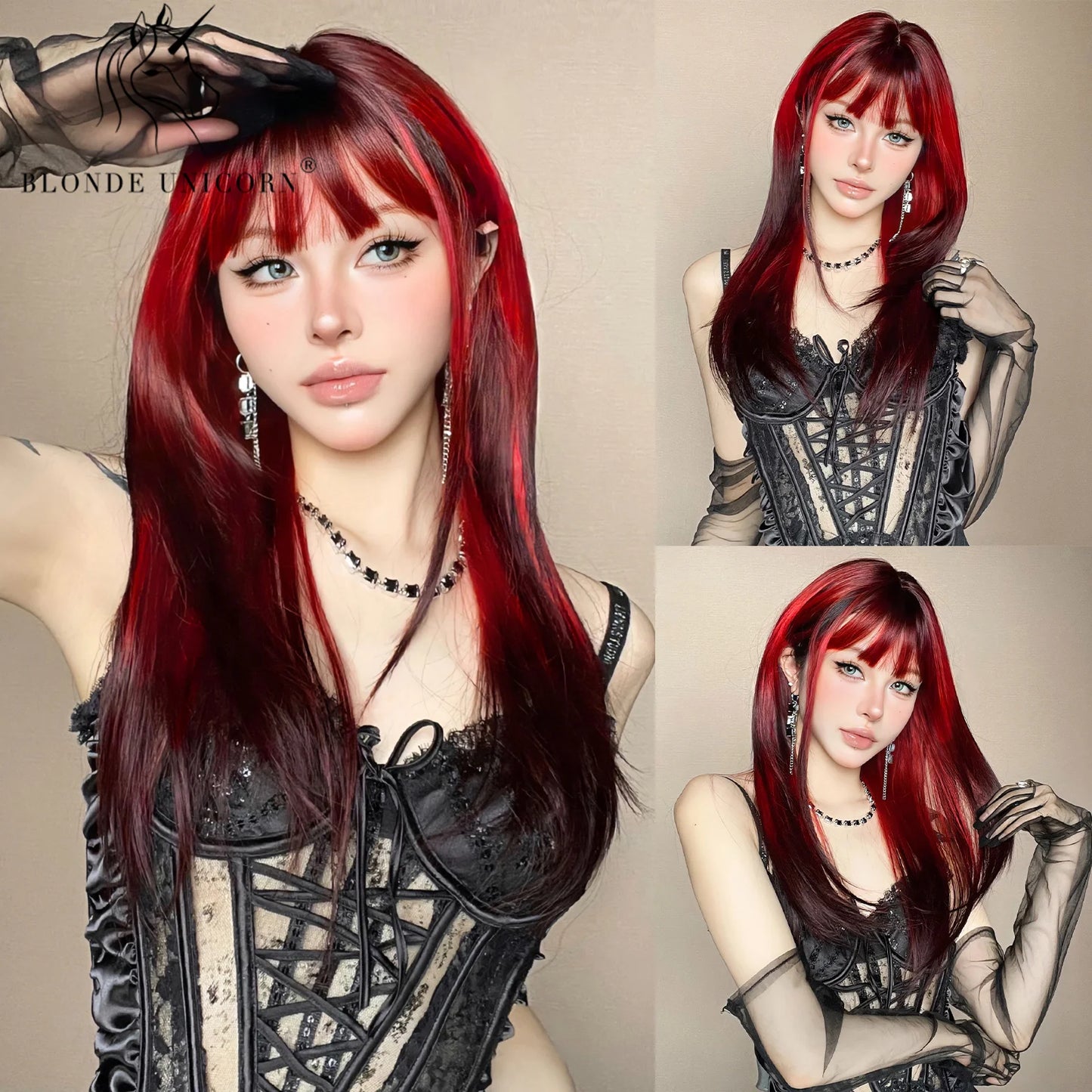 Blonde Unicorn Synthetic Long Wavy Wig Ombre Purple to Blue for Woman Cosplay Halloween Wigs Heat Resistant Fiber Bangs Hair