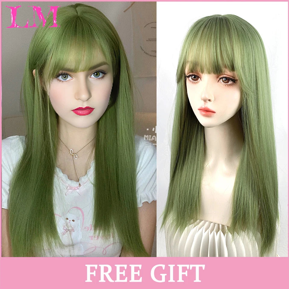 LM Synthetic Black Wig with Long Ponytail Short Straight Wig Lolita Cosplay Party Harajuku Blonde Wig With Bangs for Women